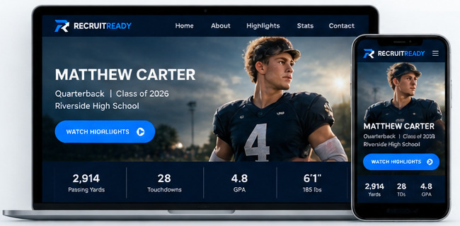 Example athlete recruiting site on laptop and phone